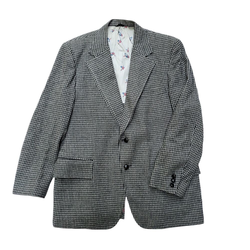 VTG Woolrich Black Cream Houndstooth Wool Blazer Jacket Ivy League Prep 46x30